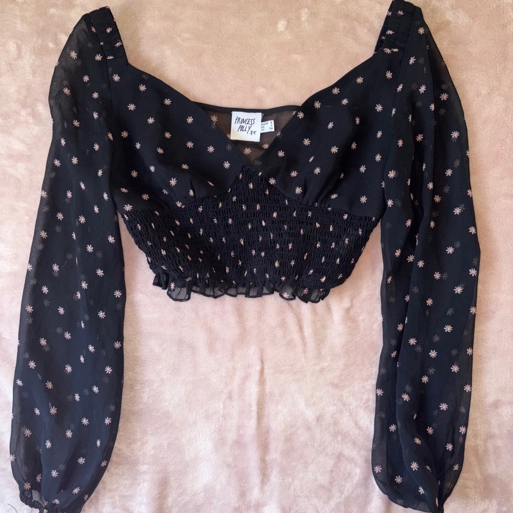 Princess Polly Black Daisy Floral Smocked Long Sleeve Crop Top Blouse US 4